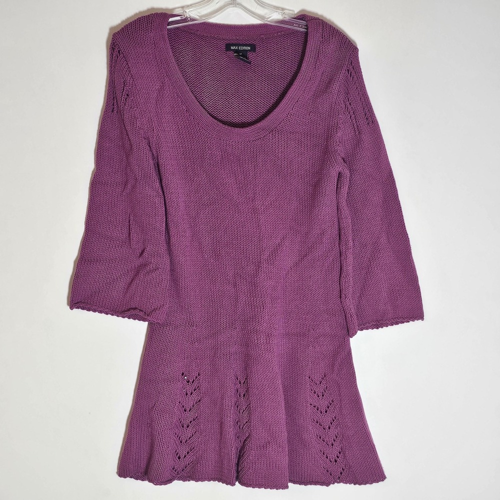 Max Edition Sweater Womens Medium Purple Tunic Eyelet 3/4 Sleeve Scoop Neck